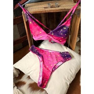 Celestial Cosmic Purple Pink Galaxy Bikini Set w/ White Crochet CoverUp Skirt XS